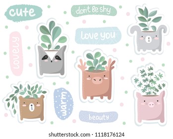 Vector set of cute stickers with house plant in funny animal pot. Poster with adorable objects on background, pastel colors. Valentine's day, anniversary, save the date, baby shower, bridal, birthday
