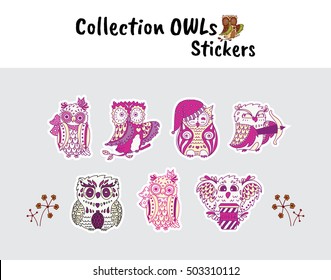 Vector set of cute stickers or icons. Hand drawn owls in modern color palette. Funny, ornate sketch birds, forest animals. Owl with ribbon, owl with crossbow. Cartoon elements for design