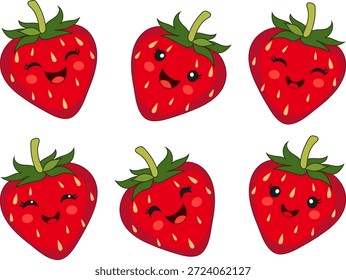 Vector set of cute strawberries with emotions, I year with facial expressions