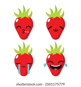 Vector set of cute strawberry fruit emojis. Isolated on white background.