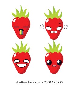 Vector set of cute strawberry fruit emojis. Isolated on white background.