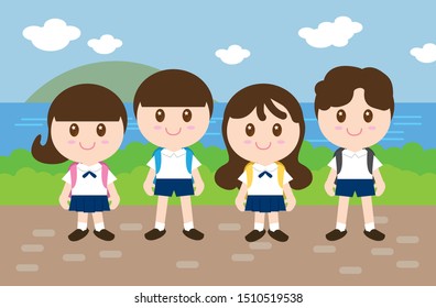 Vector set cute student boy and girl going to travel.