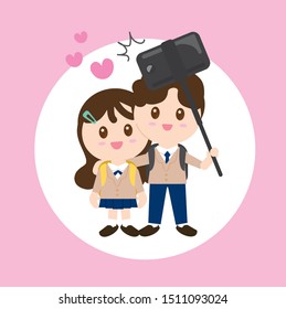 Vector set cute student boy and girl taking selfie.