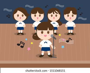 Vector Set Cute Student Chorus Boy And Girl Singing A Song In The Classroom.