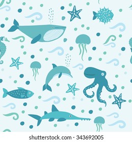 Vector set of cute submarine creatures underwater. Sea life