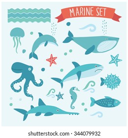 Vector set of cute submarine creatures underwater 