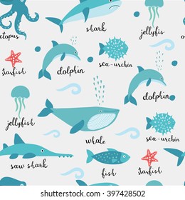 Vector set of cute submarine creatures underwater. Sea life