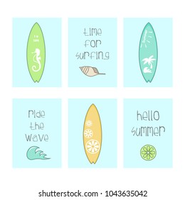 Vector set of cute summer cards. Beautiful summer posters with surfboards and hand written text. Journal cards. Vector illustration.