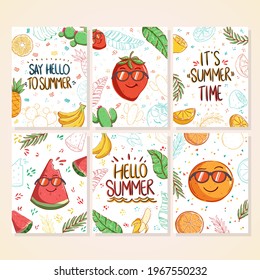 Vector set of cute summer cards cartoon. Beautiful summer posters with pineapple, watermelon, lemon, banana leaves and hand written text.