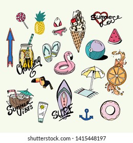  Vector set of cute summer icons: food, drinks, palm leaves, fruits and flamingo. Bright summertime poster. Collection of scrapbooking elements for beach party. Hand drawn.