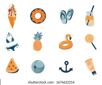  Vector set of cute summer icons: food, drinks, palm leaves, fruits and flamingo. Bright summertime poster. Collection of scrapbooking elements for beach party. Hand drawn.