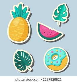 Vector set of cute summer stickers pineapple, watermelon, palm leaves, donut. Perfect for summertime poster, card, scrapbooking, invitation.