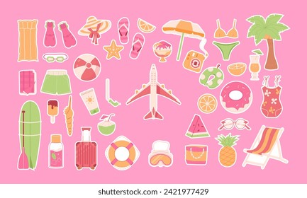  Vector set of cute summer stickers for beach holiday, resort vacation. Vector illustration