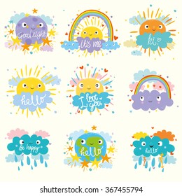 Vector Set. Cute Sun, Moon, Cloud And Planet. Funny Cartoon.  Card For Kids.