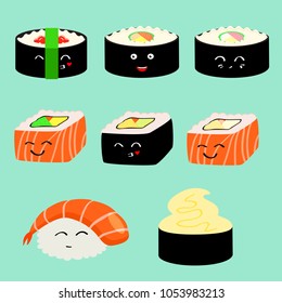 Vector set of cute sushi characters.