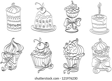 Vector set of cute sweet cupcakes