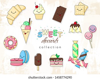 Vector set of cute sweet desserts icons in kawaii style with smiling face on grunge background. Ice cream, candy, donut, chocolate, cupcake, macaroons, biscuit, croissant. EPS8