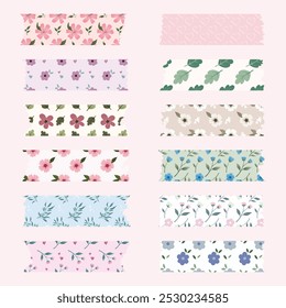 Vector set of cute Tape Strip Washi floral Ripped Paper. Scrapbook Floral Flower Vector Floral Kids Element