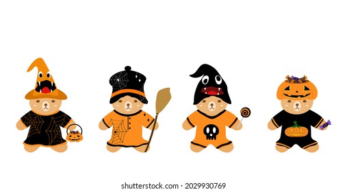 Vector - Set cute Teddy Bear wearing Halloween costume concept. Skull, basket pumpkin, broom. Clip art. Holiday season. Can be use decorate any card, poster, web, print, paper, sticker,