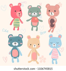 conjunto vectorial de osos de peluche adorables dibujando a mano del personaje en color pastel, con impresión infantil y para bebés