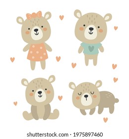 vector set of cute teddy bears on isolated background, kids clipart, illustration for children