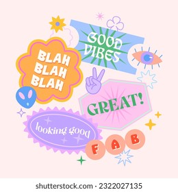 Vector set of cute template with patches and stickers in 90s style.Modern symbols in y2k aesthetic with text.Trendy funky design for banners,social media marketing,branding,packaging,covers