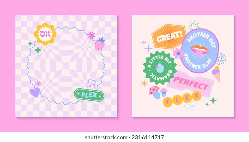 Vector set of cute templates with patches and stickers in 90s style.Modern symbols in y2k aesthetic with text.Trendy funky designs for banners,social media marketing,branding,packaging,covers