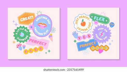 Vector set of cute templates with patches and stickers in 90s style.Modern symbols in y2k aesthetic with text.Trendy funky designs for banners,social media marketing,branding,packaging,covers