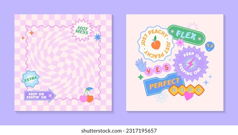 Vector set of cute templates with patches and stickers in 90s style.Modern symbols in y2k aesthetic with text.Trendy funky designs for banners,social media marketing,branding,packaging,covers