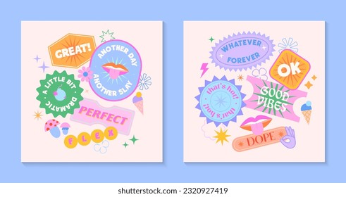 Vector set of cute templates with patches and stickers in 90s style.Modern symbols in y2k aesthetic with text.Trendy funky designs for banners,social media marketing,branding,packaging,covers