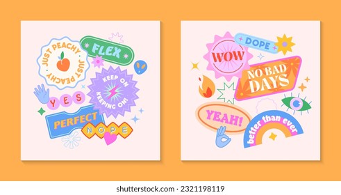 Vector set of cute templates with patches and stickers in 90s style.Modern symbols in y2k aesthetic with text.Trendy funky designs for banners,social media marketing,branding,packaging,covers