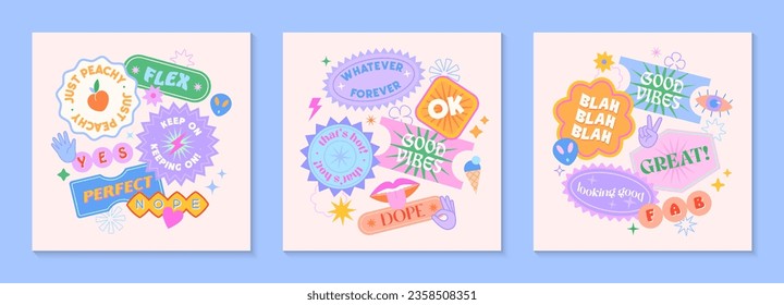 Vector set of cute templates with patches and stickers in 90s style.Modern symbols in y2k aesthetic with text.Trendy funky designs for banners,social media marketing,branding,packaging,covers