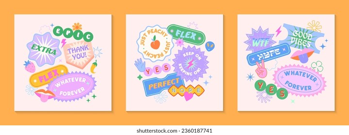 Vector set of cute templates with patches and stickers in 90s style.Modern symbols in y2k aesthetic with text.Trendy funky designs for banners,social media marketing,branding,packaging,covers