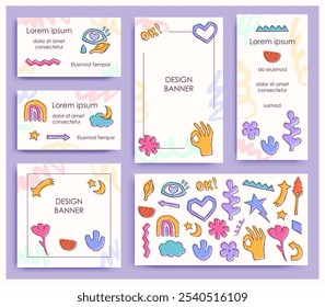 Conjunto de Vector de Plantillas lindas, parches y pegatinas estilo 90s. Colorea símbolos modernos. Diseños de moda para Anuncios, redes sociales de marca y embalaje.