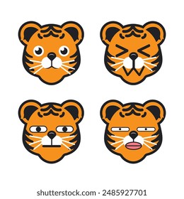 Vector set of cute Tiger emoji faces with various expressions. Isolated on white background
