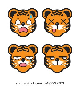 Vector set of cute Tiger emoji faces with various expressions. Isolated on white background
