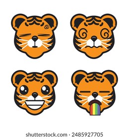 Vector set of cute Tiger emoji faces with various expressions. Isolated on white background
