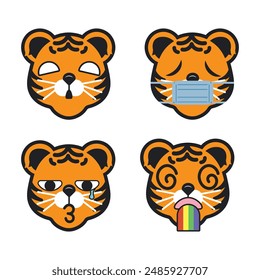 Vector set of cute Tiger emoji faces with various expressions. Isolated on white background
