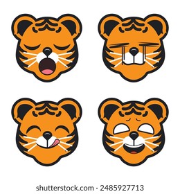 Vector set of cute Tiger emoji faces with various expressions. Isolated on white background
