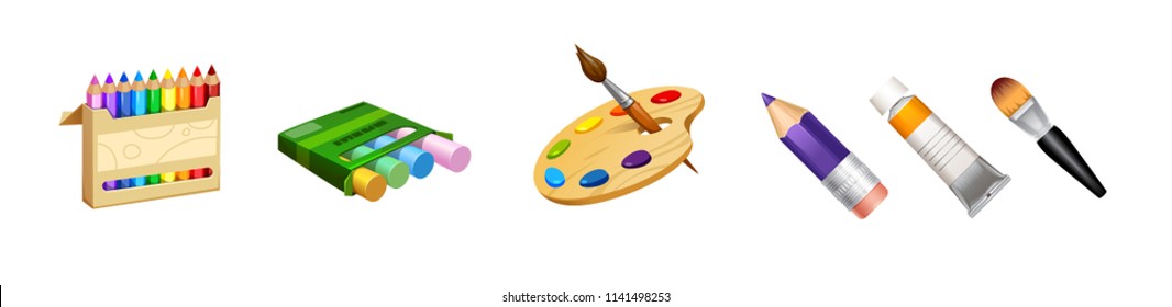 vector set of cute tools the professional artist paint palette crayons, pencils and brushes