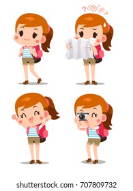 Vector set of cute tourist girl character in various actions isolated on white background.