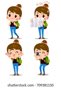 Vector set of cute tourist girl character in various actions isolated on white background.