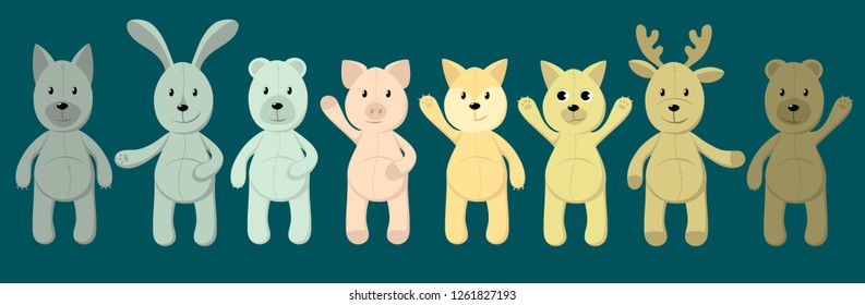 Vector Set of cute toy animals: polar bear, brown bear, piglet, fox, hare, rabbit, dog, wolf, cat, deer for your design. Print for kids, baby