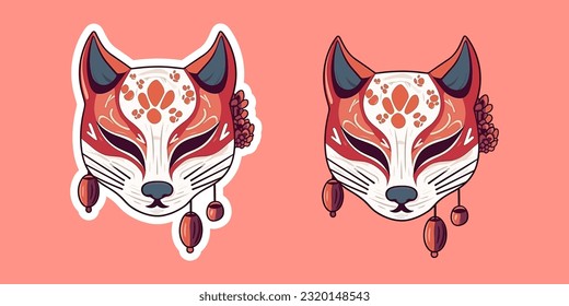 Vector set Cute traditional japanese kitsune mask with sakura flower sticker isolated on white background kabuki, fox, logo icon vector illustration