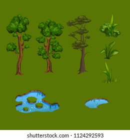 vector set of cute trees green plants lake swamp forest meadow