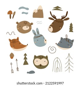 Vector set with cute tribal animal faces. Scandinavian style illustration, indians with feathers