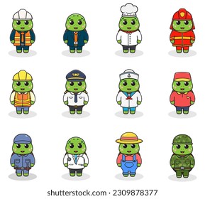 Vector set of cute Turtle with different professions. Cartoon cute Turtle dressed in different occupation uniform. Vector characters with jobs different occupation.