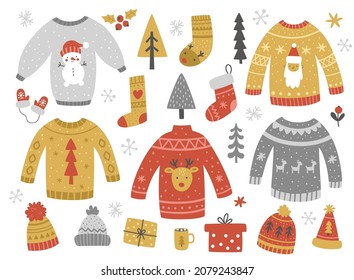 vector set of cute ugly christmas sweaters, socks and hats, festive clipart collection