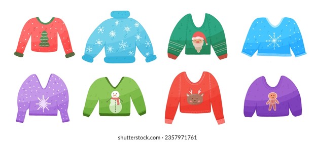 Vector set of cute ugly Christmas sweaters with holiday print