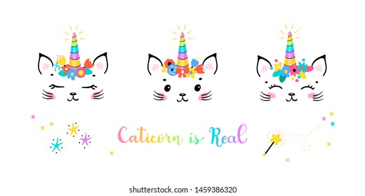 Vector Set Cute Unicorn Cat Head with Floral Wreath for Kids t-shirt Print Design. Magic Caticorn or Kittycorn Nursery Poster. Magical Kitten Face with Unicorn Horn and Flower Crown. Caticorn is Real